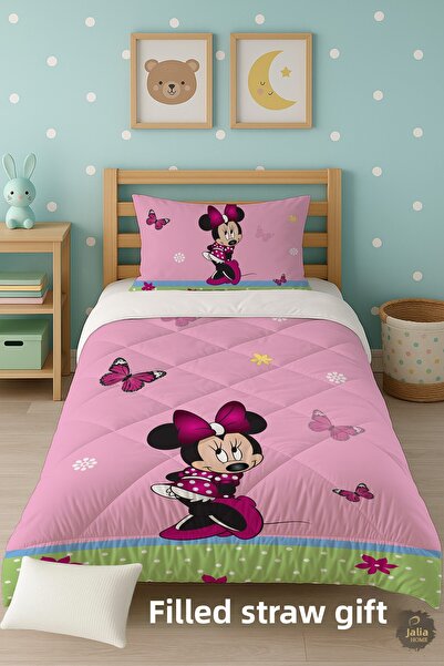 Talia Home Pink Mickey Patterned Single Children's Quilt Sleeping Set Tlag-113