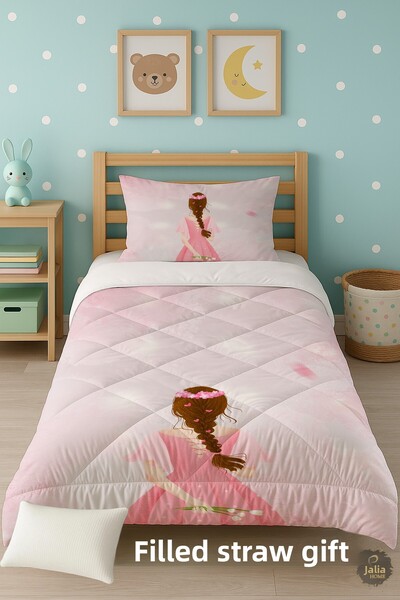 Talia Home Girl Holding Flowers Patterned Single Children's Quilt Sleeping Se...