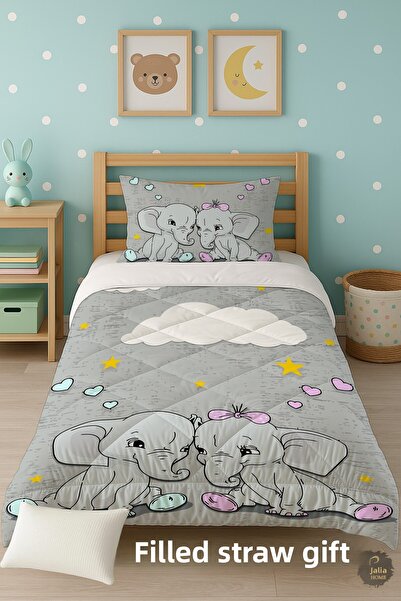 Talia Home Cute Elephant Patterned Single Children's Quilt Sleeping Set Tlag-213