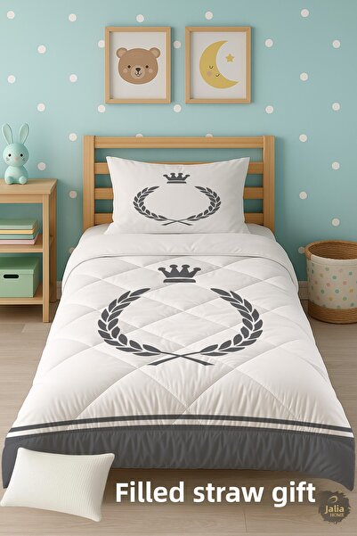 Talia Home Gray Striped Crown Patterned Single Children's Quilt Sleeping Set Tlag-289