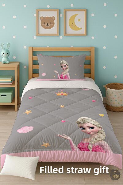 Talia Home Gray Elsa Patterned Single Children's Quilt Sleeping Set Tlag-201