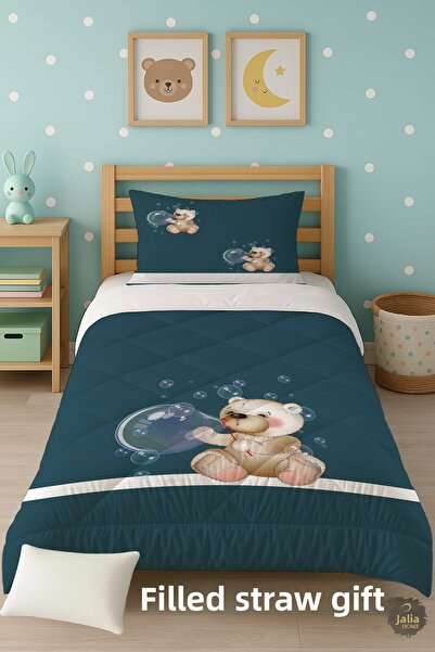 Talia Home Green Teddy Bear Patterned Single Children's Quilt Sleeping Set Tl...