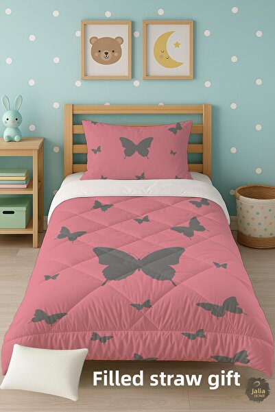 Talia Home Pink Butterfly Patterned Single Children's Quilt Sleeping Set Tlag-155