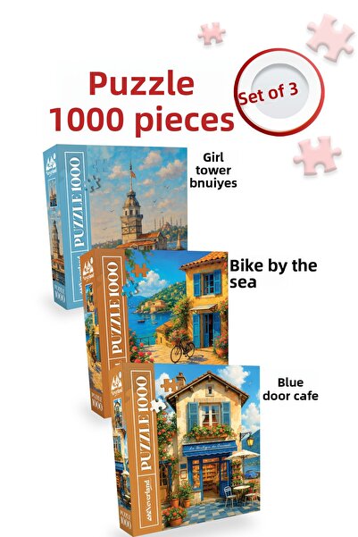 Neverland 3 Pieces 1000 Piece Puzzle - Girl's Tower Residence and a Bike and ...