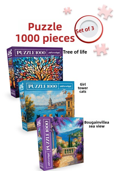 Neverland 3 Pcs 1000 Piece Puzzle - Begonvillia Sea View and Girl's Tower Cat...