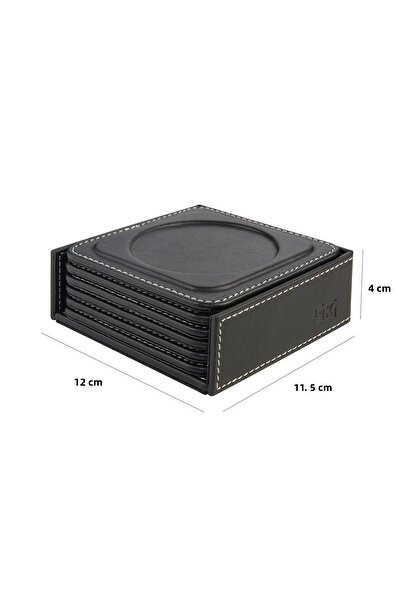 2K Coasters, Set of 6, Desktop Round Cup Coaster, Vegan Faux Leather, 11X11 Cm., Black