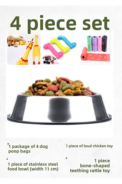Vitastyle Dog 4-Piece Set; Stainless Steel Food Bowl & Toothbrush Bag (4-Piece Set) & Sound-Producing Chicken Toy & Teething Toy