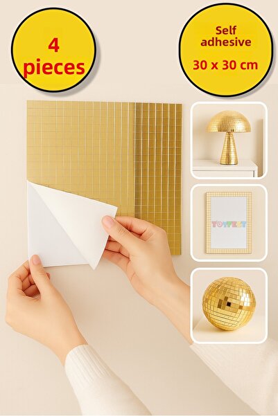 TOYFEST 4-Piece Self-Adhesive Gold Mirror Mosaic Disco Sticker Wall Frame Item Decorative Covering 30X30