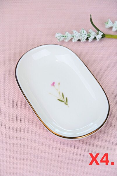 tabakevi Tabak Evi Porcelain Natura Broadcloth Gold Gilded Oval Boat-Shaped Tray 14X9X2.50Cm 4 Pieces