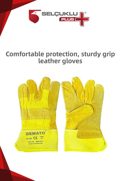 Selçuklu Plus قفازات عمل جلدية صفراء حاصلة على شهادة EN 388 للحماية الميكانيكية