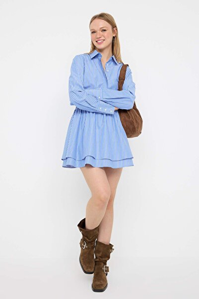 Trendyol Collection Rochie din poplin cu dungi albastre cu talie elastică TWOAW26EL00189