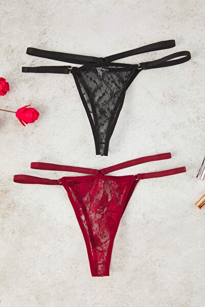 Trendyol Collection Chiloți din dantelă elastică cu flori, negru-roșu, din material subțire bucăți THMAW26KU00034