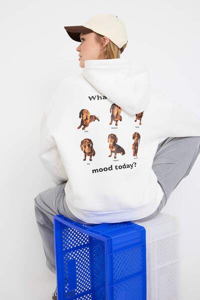 Trendyol Collection Ecru Thick Fleece Lined Hooded Oversize Dog Printed Knitted Sweatshirt Twoaw26Sw00058