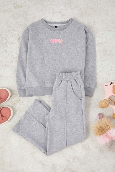 TRENDYOLKIDS Gray Melange Girl's 100% Cotton Heart Regular Knitted Bottom - Top Set Tkdaw26Au00001