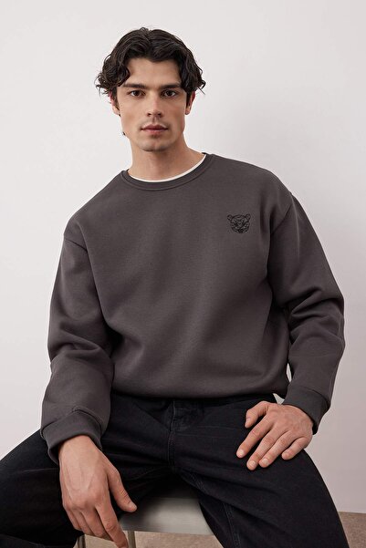 Trendyol Collection Anthracite Oversize/Wide Cut βαμβακερό βασικό φούτερ με φλις εσωτερικά και χοντρό κέντημα TMNAW25SW00011