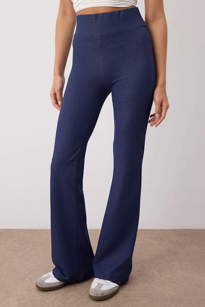 Trendyol Collection Navy Blue Denim Look Wideleg High Waist Stretchy Knitted Pants Twoaw26Pl00030