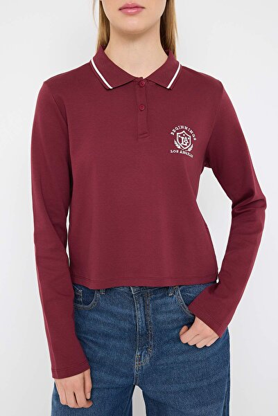 Trendyol Collection Teen Burgundy Tok Fabric Vyšívaný Polo límec Knoflík Regular/Standard Fit Pletená halenka TWOAW26BZ00014