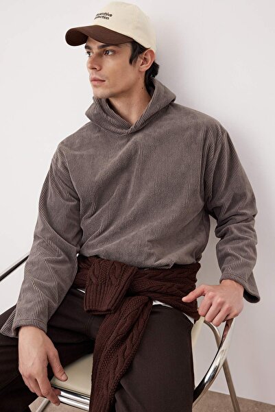 Trendyol Collection Anthracite New Oversize/Wide Cut Soft Corduroy Sweatshirt Tmnaw26Sw00001