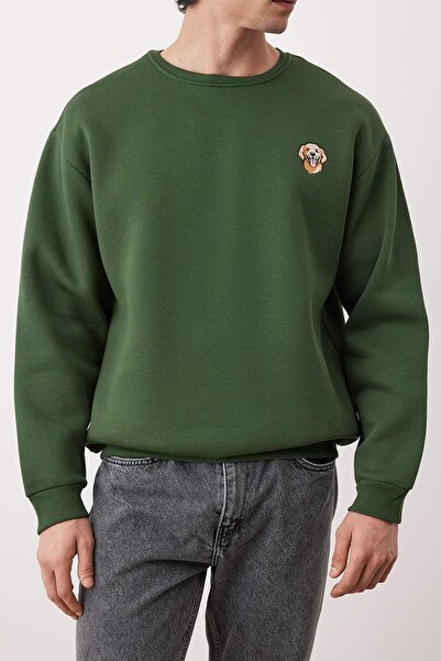 Trendyol Collection Χακί Crew Neck Oversize/Φαρδιά κομμένη με φλις εσωτερικά Κέντημα σκύλου Φούτερ TMNAW24SW00064