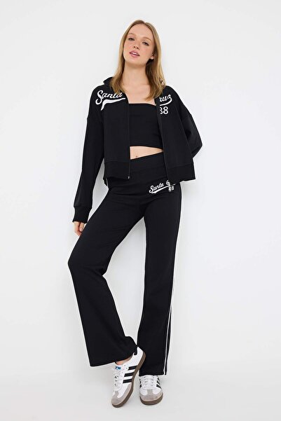 Trendyol Collection Black 3-Piece Teen Slogan Embroidery Detail Zipper Stretch Knitted Bottom - Top Set Twoaw26Au00091