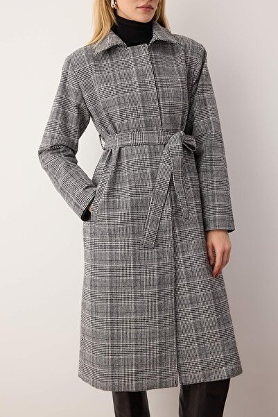 Trendyol Collection Multicolor Plaid Pattern Mono Closure Long Oversize Coat Twoaw26Kb00049