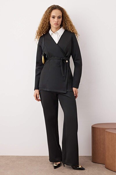 Trendyol Modest Black Diving/Scuba Fabric Button and Belt Detailed Knitted Bottom - Top Set Tctaw26Us00034