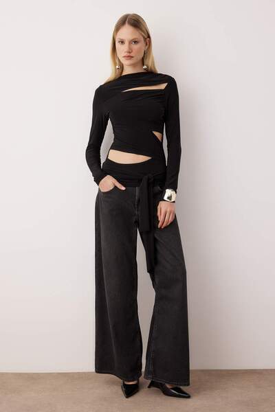 Trendyol Collection Black Plain Asymmetrical Neckline Long Knitted Sandy Party Blouse Tpraw26Bz00037