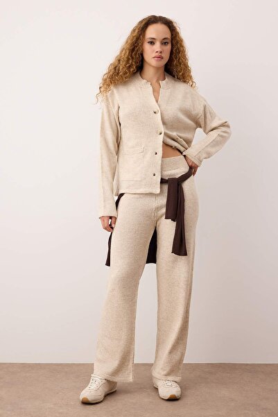 Trendyol Collection Stone Soft Texture Cardigan-Pants Knitwear Bottom - Top Set Twoaw26Au00046