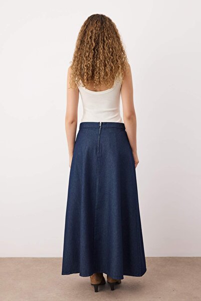 Trendyol Collection Dark Blue Flounced Maxi Denim Skirt Twoss25Et00005