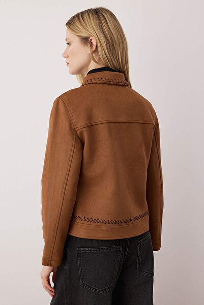 Trendyol Collection Brown Regular Fit Lacing Detail Suede Slim Jacket Coat Twoaw26Mo00136