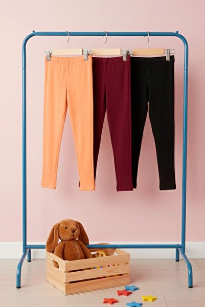 TRENDYOLKIDS Black-Powder-Burgundy Cotton 3-Pack Girls' Plain Knitted Leggings Tkdaw26Ta00004