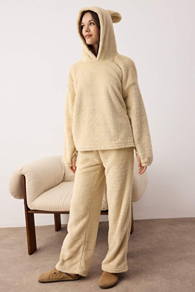 Trendyol Collection Beige Hooded and Embroidered Wellsoft Winter Knitted Pajama Set Thmaw25Pt00143