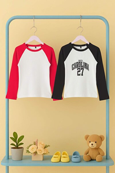 TRENDYOLKIDS Black-Red 2-Pack Cotton Slogan Printed Regular Girl's Knitted T-Shirt Tkdaw26Ts00008