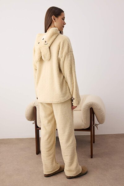 Trendyol Collection Beige Hooded and Embroidered Wellsoft Winter Knitted Pajama Set Thmaw25Pt00143