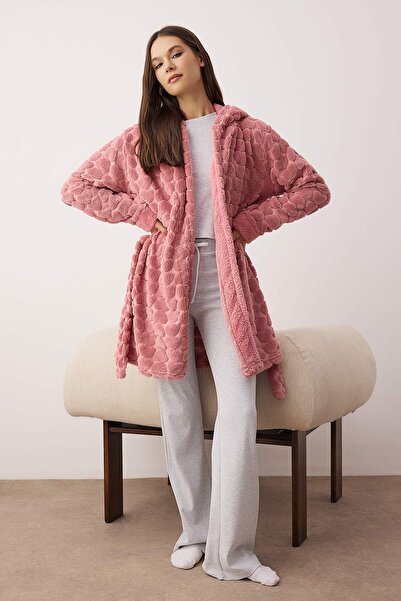 Trendyol Collection Rózsaszín öves szív polár téli kötött pongyola THMAW24SB00002
