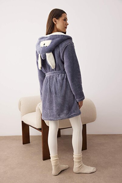Trendyol Collection Wellsoft γκρι πλεκτή ρόμπα - με ζώνη και τσέπες, φιγούρες ζώων THMAW21SB0011