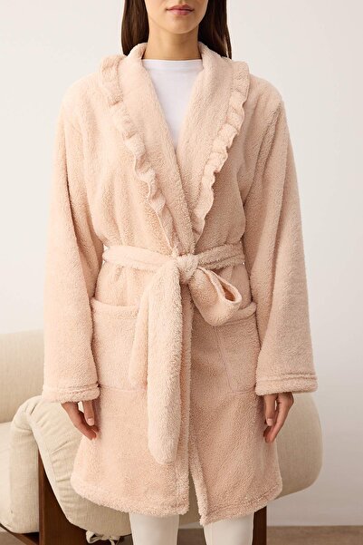 Trendyol Collection Pink Ruffled Pocketed Wellsoft Winter Knitted Dressing Gown Thmaw26Sb00005