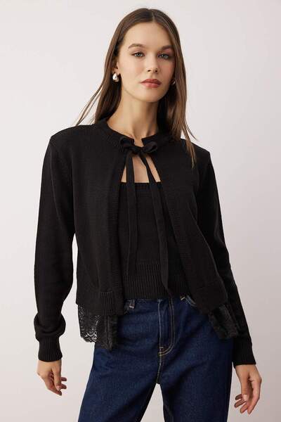 Trendyol Collection Black 2-Piece Skirt Edge Lace Garnish Knitwear Cardigan-Blouse Knitwear Cardigan Twoaw26Hi00019