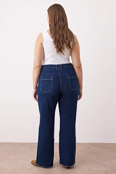 Trendyol Curve Blugi cu talie înaltă, albastru închis, cu tăieturi, cu croială dreaptă, blugi de mărime mare TBBAW26CJ00033