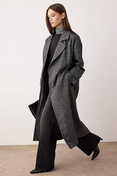 Trendyol Collection Dark Gray Double Breasted Closure Oversize Long Coat Twoaw26Kb00069