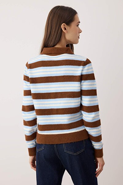Trendyol Collection Wardrobe Essentials Brown*001 Polo Neck Striped Knitwear Cardigan |   Twoaw26Hi00104