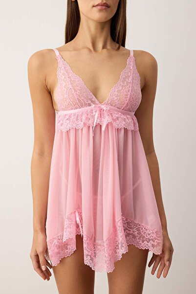 Trendyol Collection Ροζ τούλι κορδέλα/φιόγκος και λεπτομέρεια από δαντέλα Καπλέτα καλσόν Babydoll/Φανταστικό νυχτικό THMAW26LL00007