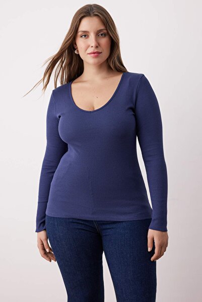 Trendyol Curve Navy Blue-Stone 2-Pack V-Neck Fitted/Skin-Fitting Cotton Stretch Knitted Blouse Tbbaw26Af00018