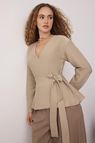 Trendyol Collection Stone Double Breasted Lace-Up Detailed Knitwear Cardigan Twoaw26Hi00241