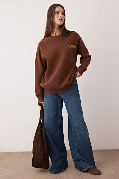Trendyol Collection Light Brown Slogan Embroidered Raglan Sleeve Oversize/Wide Fit Knitted Sweatshirt Twoaw26Sw00174