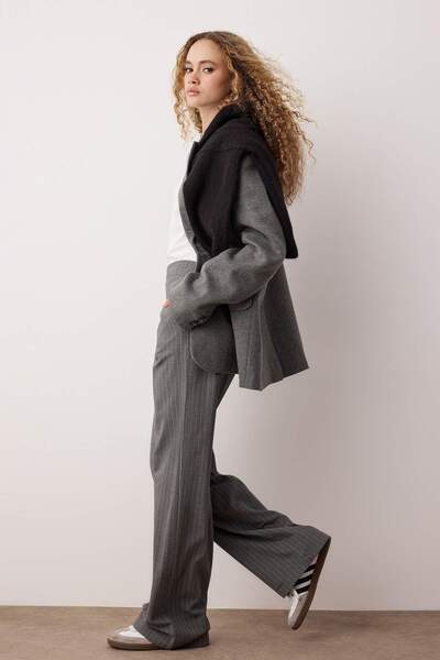 Trendyol Collection Anthracite Elastic Waist Striped Wide Leg Trousers Twoaw26Pl00131