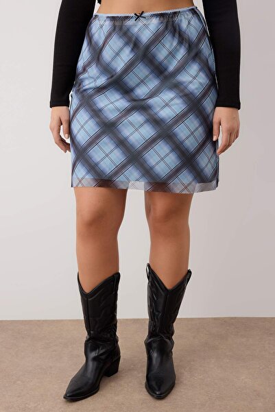 Trendyol Curve Μπλε πλεκτή φούστα με καρό σχέδιο για εφήβους σε μεγάλο μέγεθος TBBAW26AZ00021