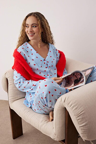 Trendyol Collection Blue-Multicolor Striped Shally Woven Pajamas Set Thmaw26Pt00106