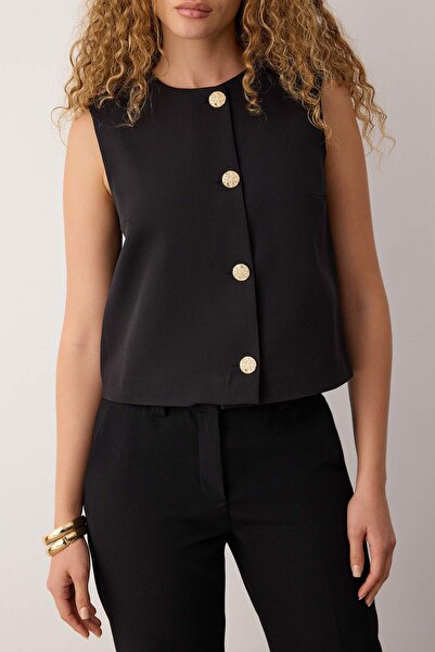 Trendyol Collection Vestă neagră țesătă cu accesorii cu nasturi obișnuite TWOAW26YE00051