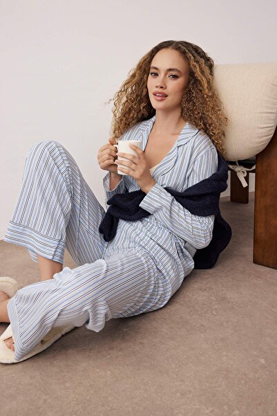 Trendyol Collection Blue 100% Cotton Striped Shirt-Pants Knitted Pajama Set Thmaw24Pt00144